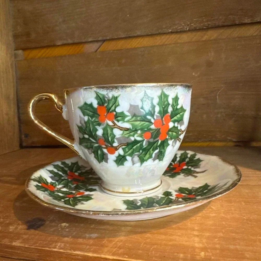 Vintage Iridescent Holly & Berry Tea Cup and Saucer
